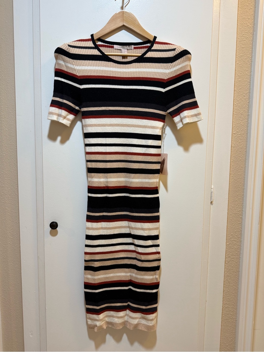 Forever 21 Black, Cream, Tan & Red Striped Knit Midi Dress